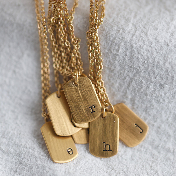 gold initial mini tag necklaces
