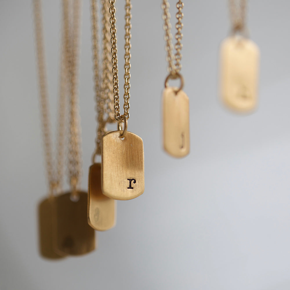 gold initial mini tag necklaces